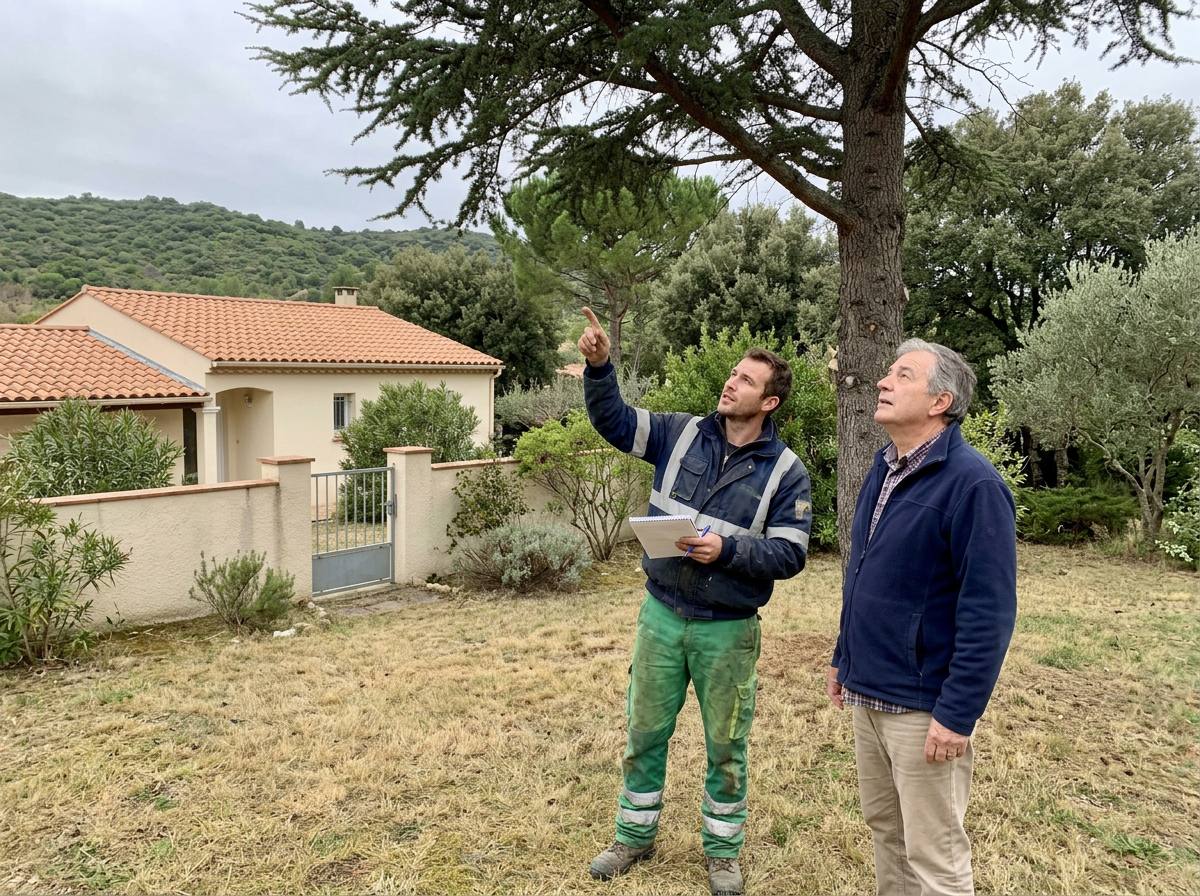 L'élagueur conseille un propriétaire dans son jardin